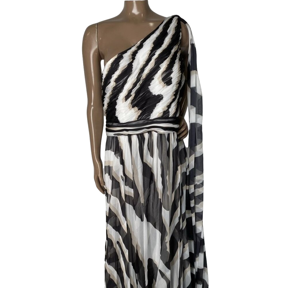 New Carla Ruiz Women’s Abito Lungo One-Shoulder Maxi Dress White/Black Size 16
